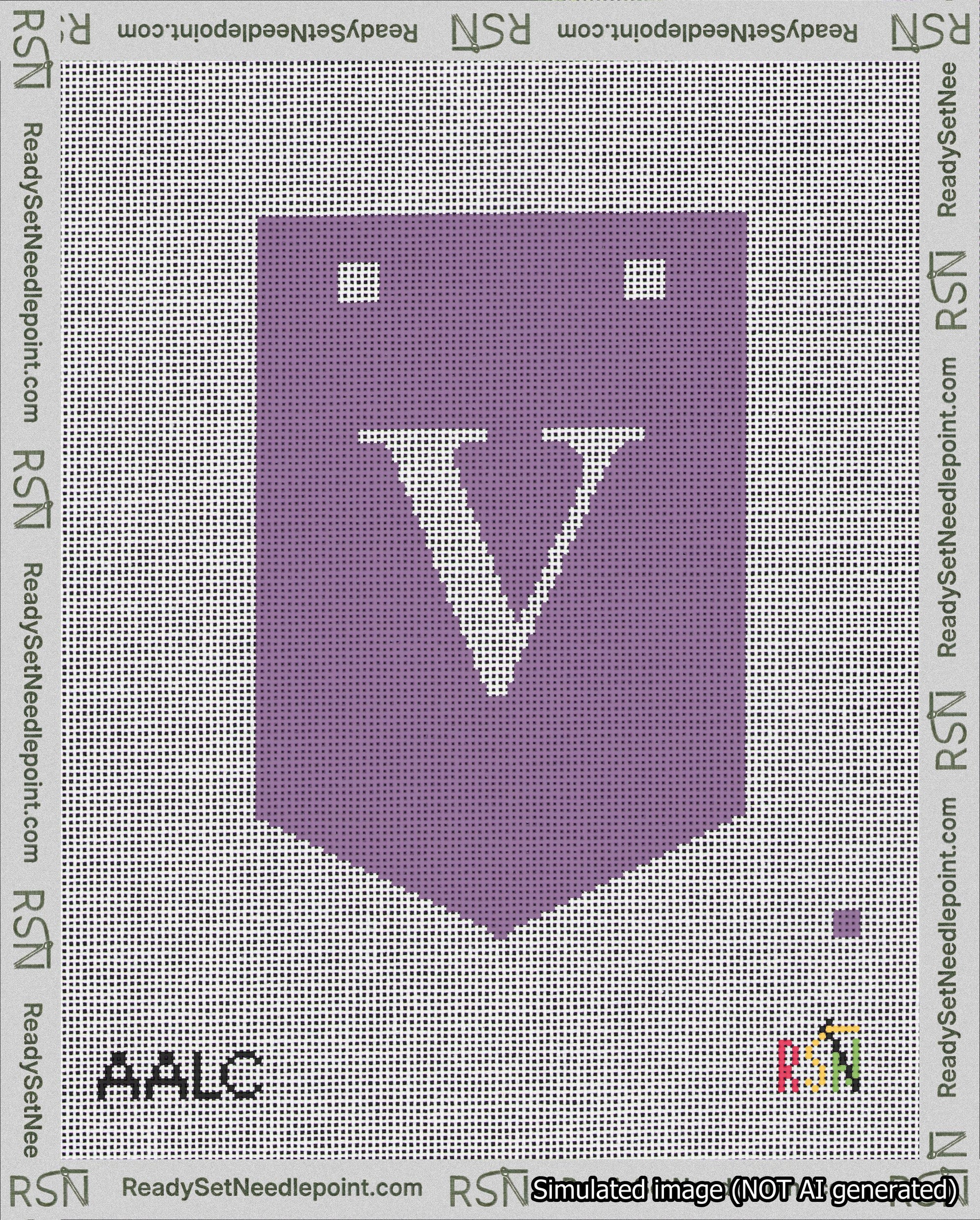 A taped needlepoint canvas with the design: Banner 18 mesh count Pointed V White on Purple.