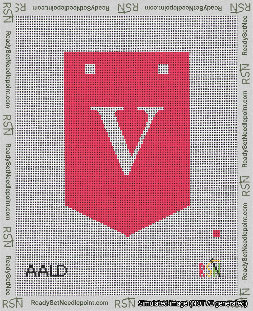 A taped needlepoint canvas with the design: Banner 18 mesh count Pointed V White on Red.
