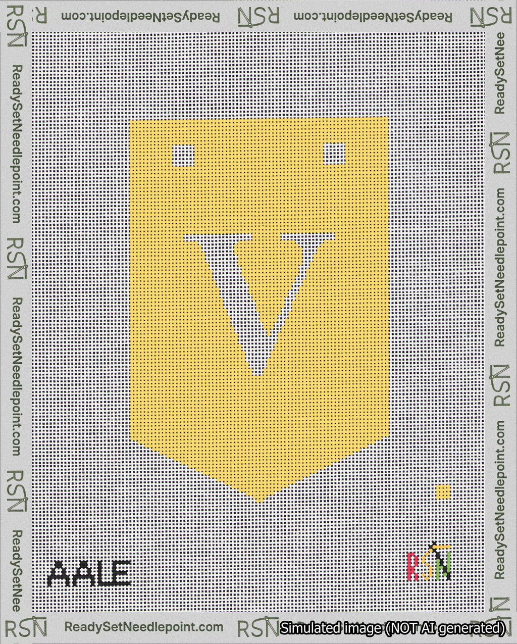A taped needlepoint canvas with the design: Banner 18 mesh count Pointed V White on Yellow.