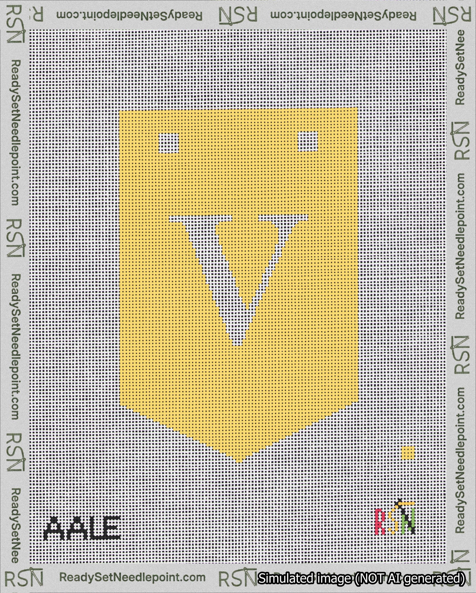 A taped needlepoint canvas with the design: Banner 18 mesh count Pointed V White on Yellow.