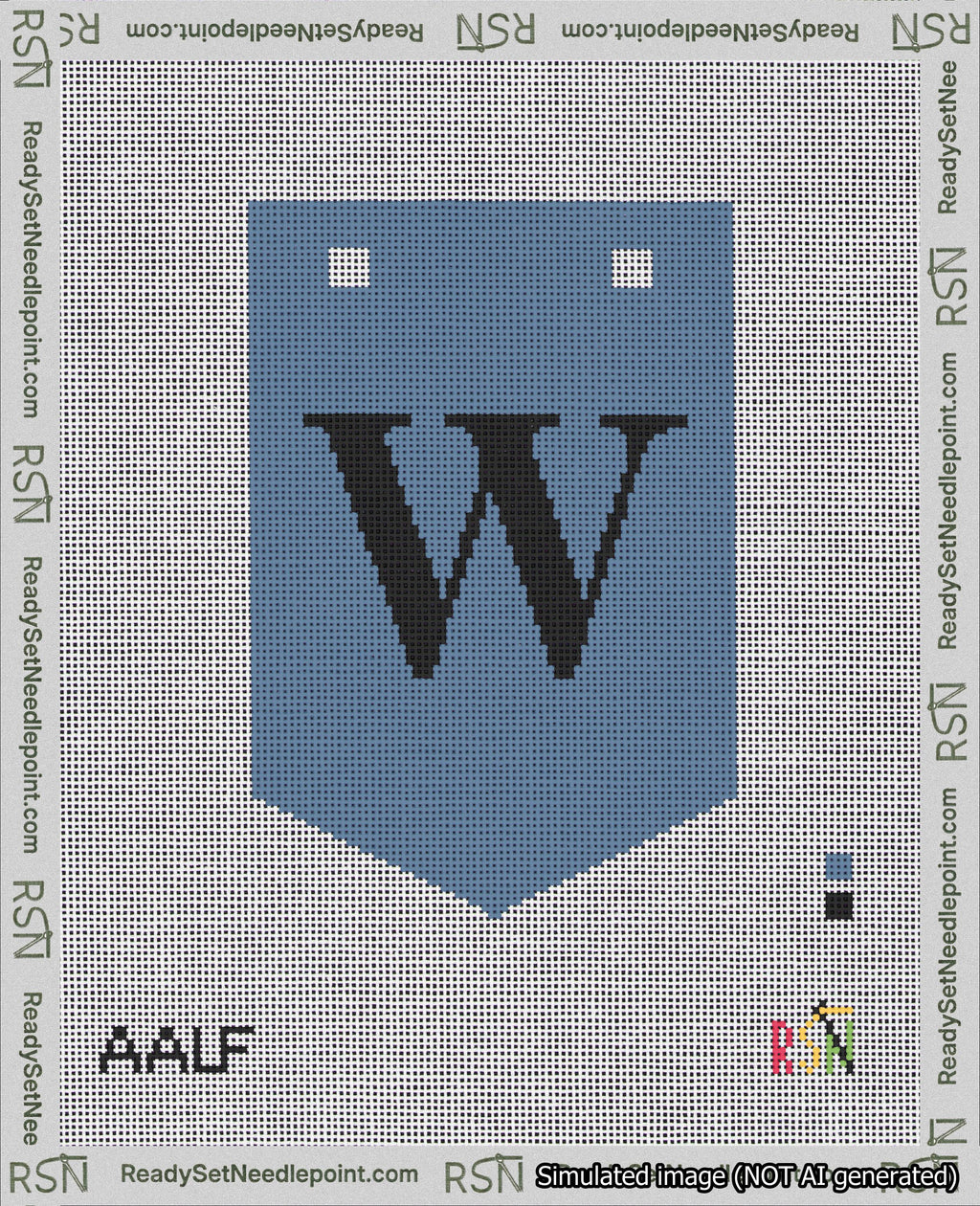 A taped needlepoint canvas with the design: Banner 18 mesh count Pointed W Black on Blue.