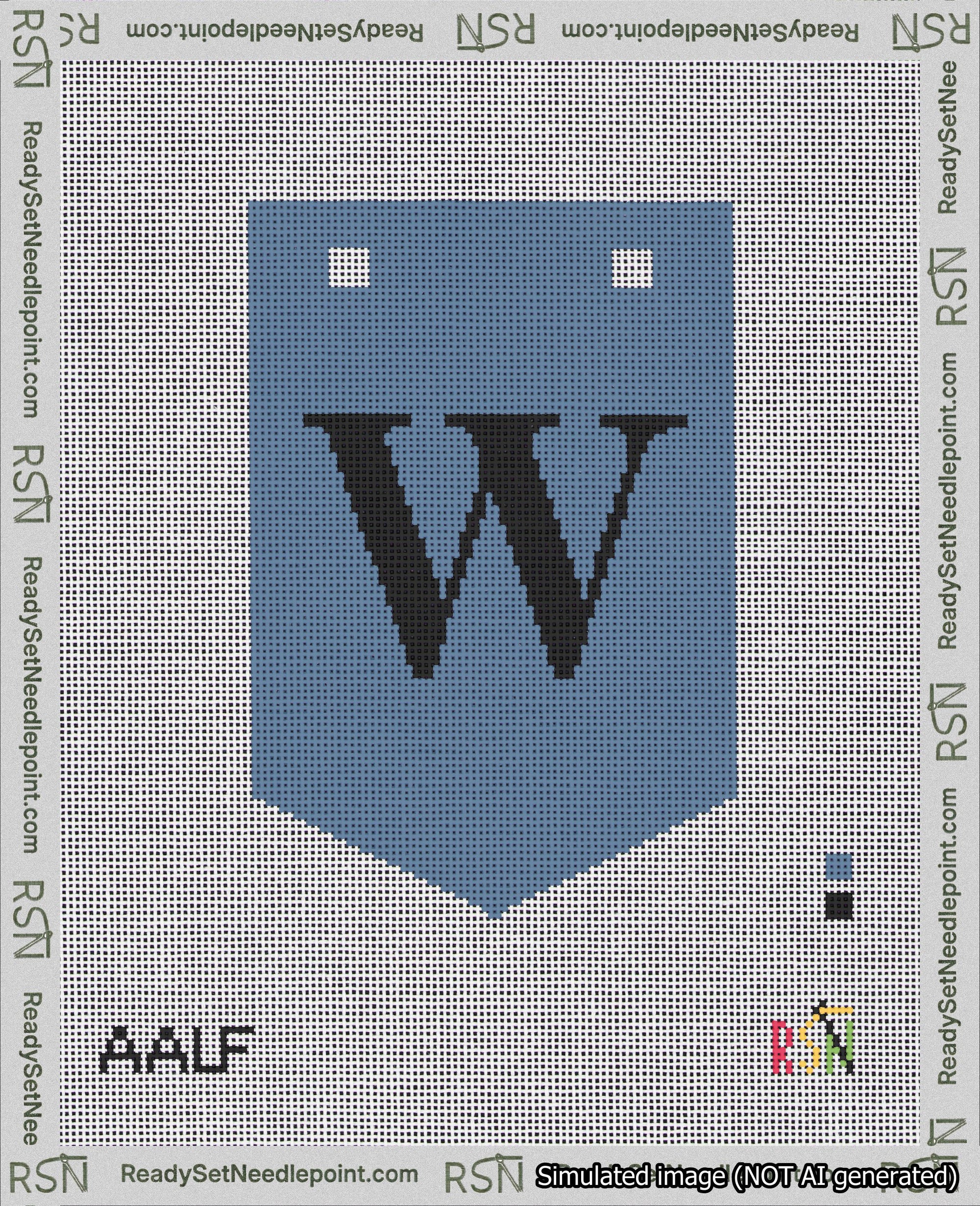 A taped needlepoint canvas with the design: Banner 18 mesh count Pointed W Black on Blue.