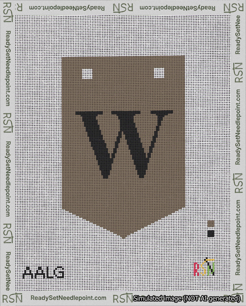 A taped needlepoint canvas with the design: Banner 18 mesh count Pointed W Black on Brown.
