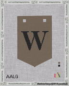 A taped needlepoint canvas with the design: Banner 18 mesh count Pointed W Black on Brown.