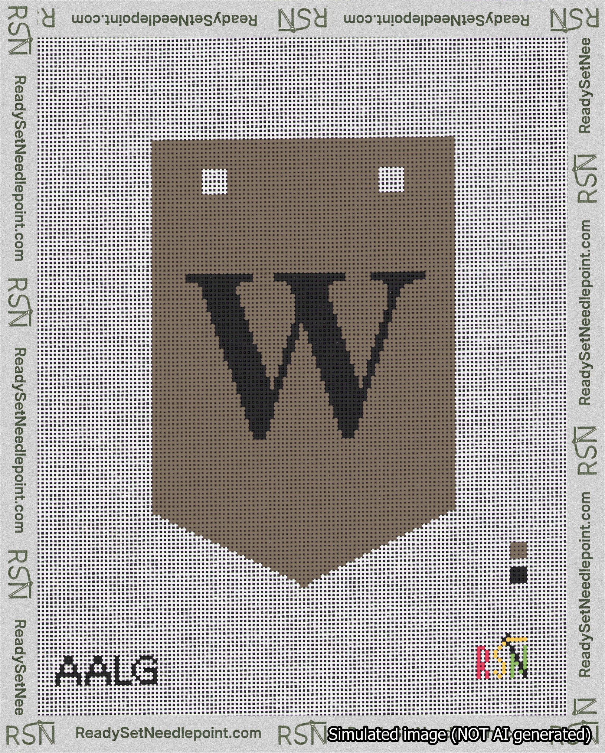 A taped needlepoint canvas with the design: Banner 18 mesh count Pointed W Black on Brown.