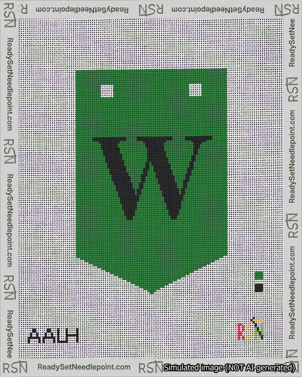A taped needlepoint canvas with the design: Banner 18 mesh count Pointed W Black on Green.