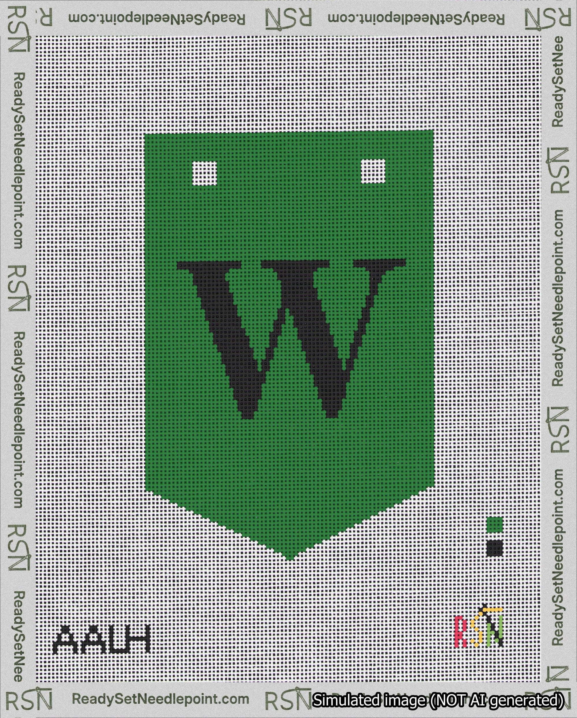 A taped needlepoint canvas with the design: Banner 18 mesh count Pointed W Black on Green.