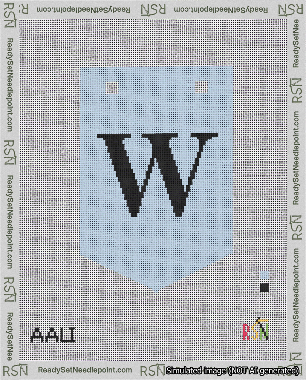 A taped needlepoint canvas with the design: Banner 18 mesh count Pointed W Black on Light Blue.