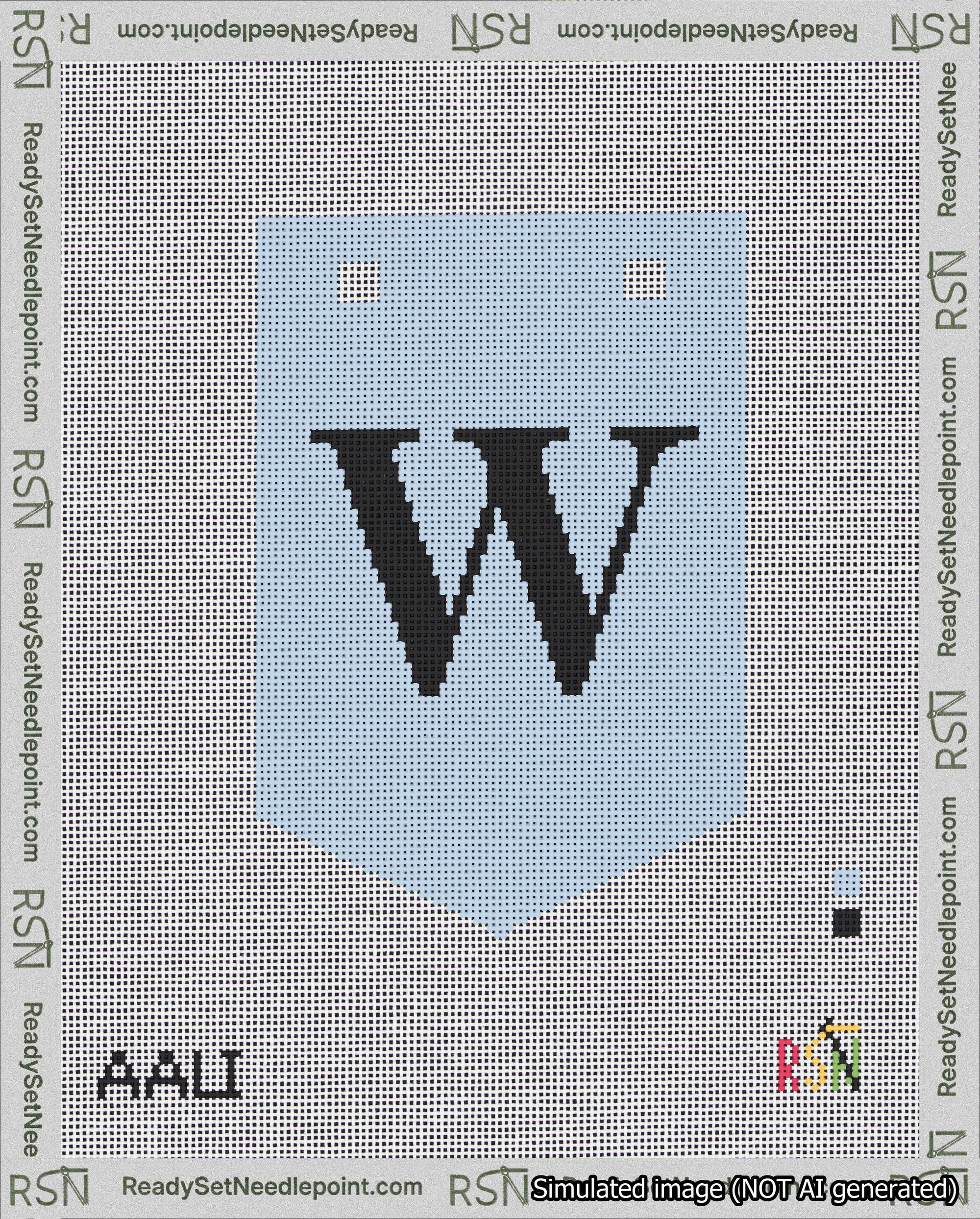 A taped needlepoint canvas with the design: Banner 18 mesh count Pointed W Black on Light Blue.