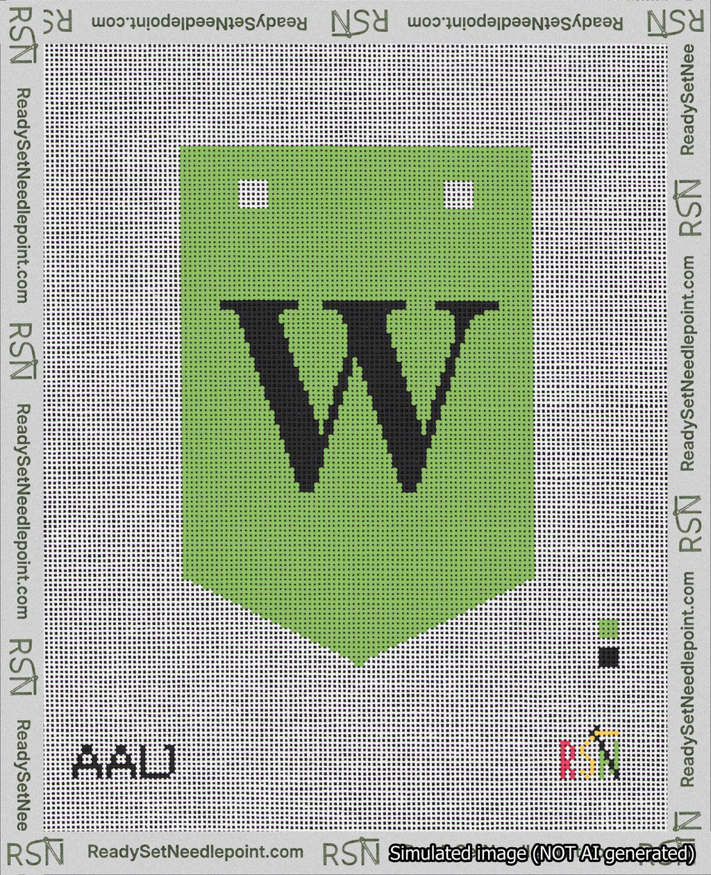 A taped needlepoint canvas with the design: Banner 18 mesh count Pointed W Black on Light Green.