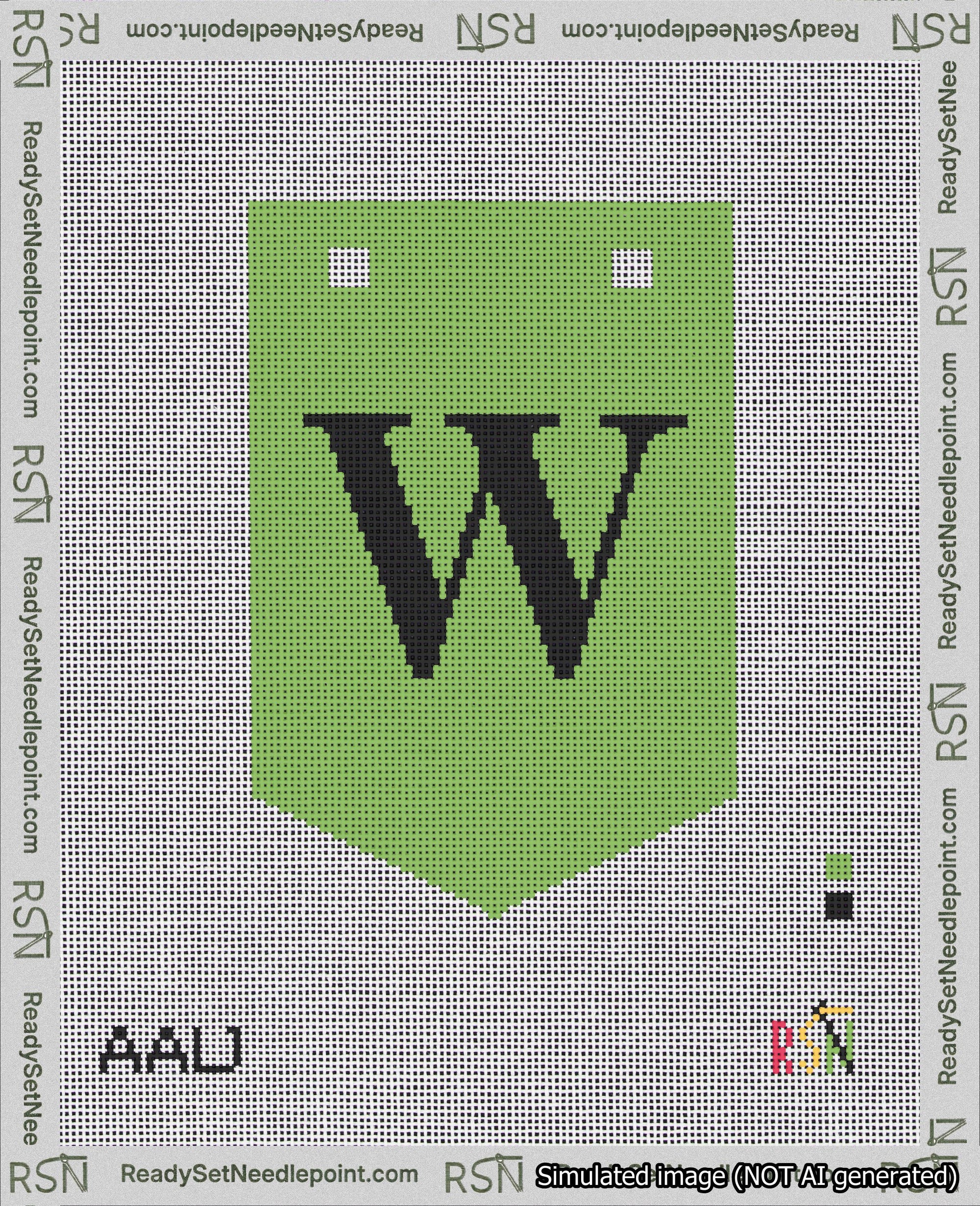A taped needlepoint canvas with the design: Banner 18 mesh count Pointed W Black on Light Green.