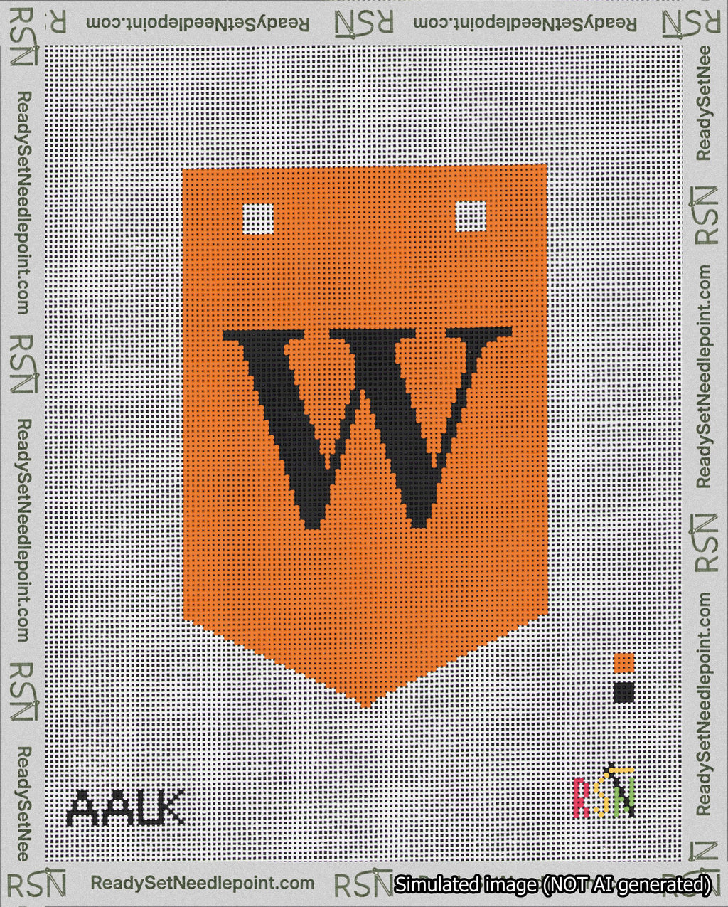 A taped needlepoint canvas with the design: Banner 18 mesh count Pointed W Black on Orange.