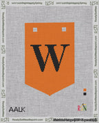 A taped needlepoint canvas with the design: Banner 18 mesh count Pointed W Black on Orange.