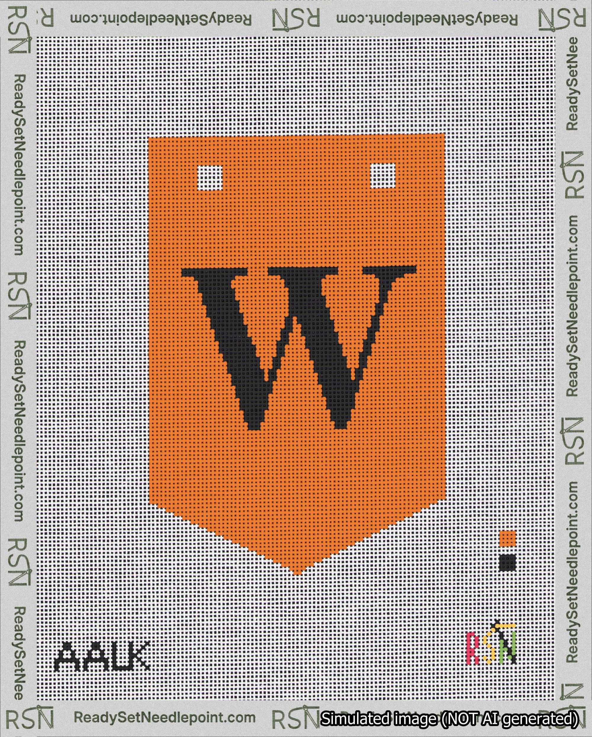 A taped needlepoint canvas with the design: Banner 18 mesh count Pointed W Black on Orange.