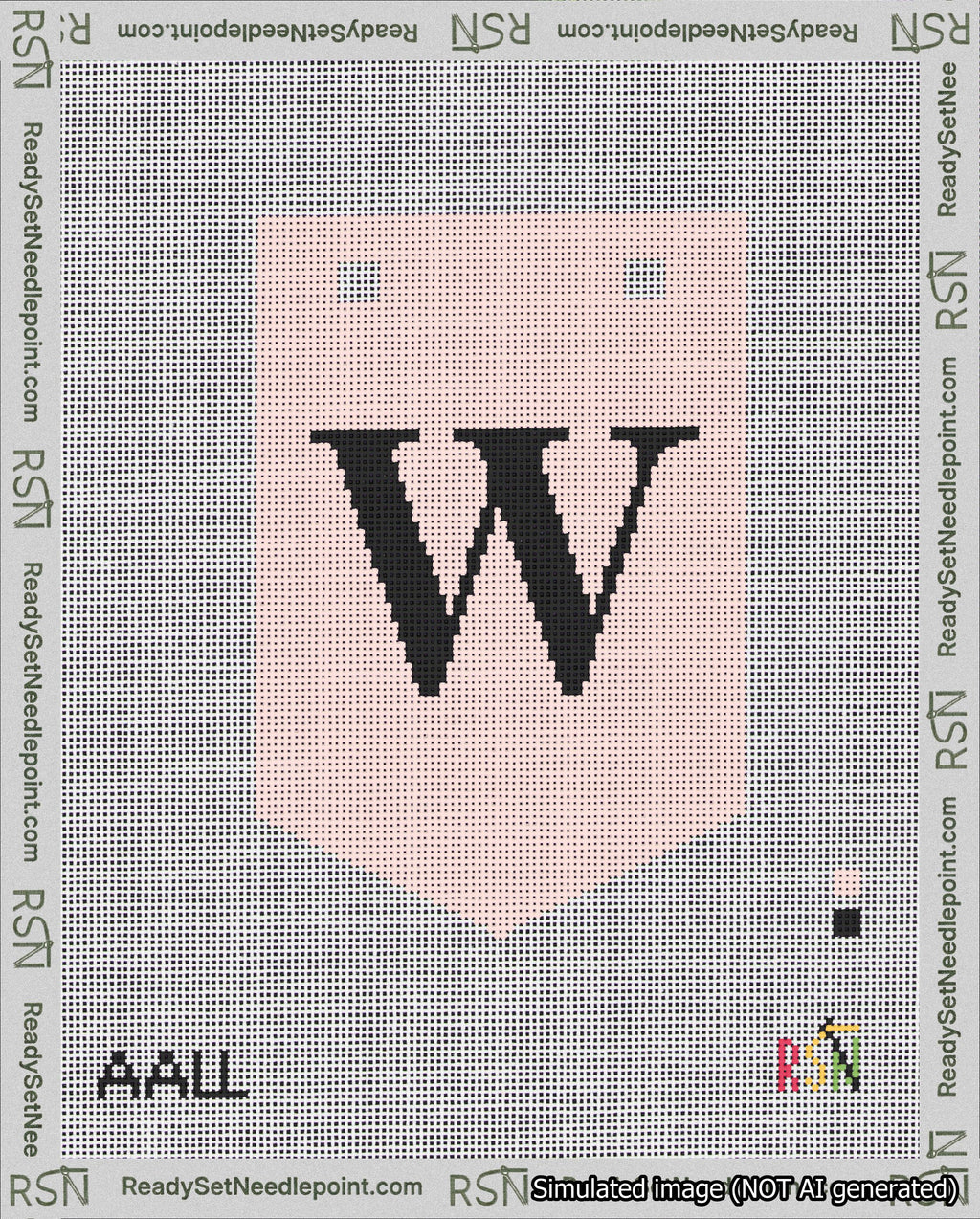 A taped needlepoint canvas with the design: Banner 18 mesh count Pointed W Black on Pink.