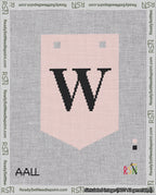 A taped needlepoint canvas with the design: Banner 18 mesh count Pointed W Black on Pink.