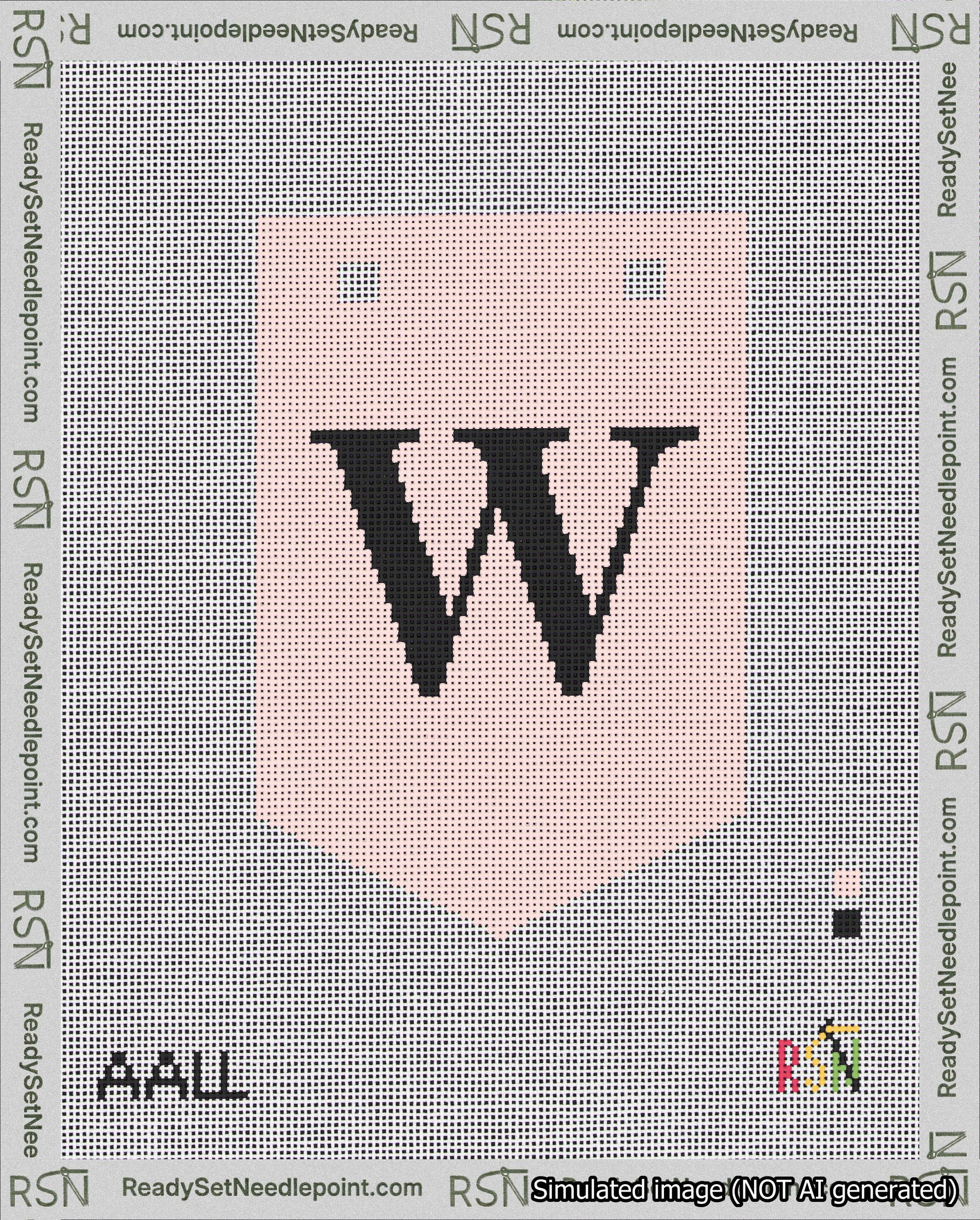 A taped needlepoint canvas with the design: Banner 18 mesh count Pointed W Black on Pink.