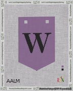 A taped needlepoint canvas with the design: Banner 18 mesh count Pointed W Black on Purple.