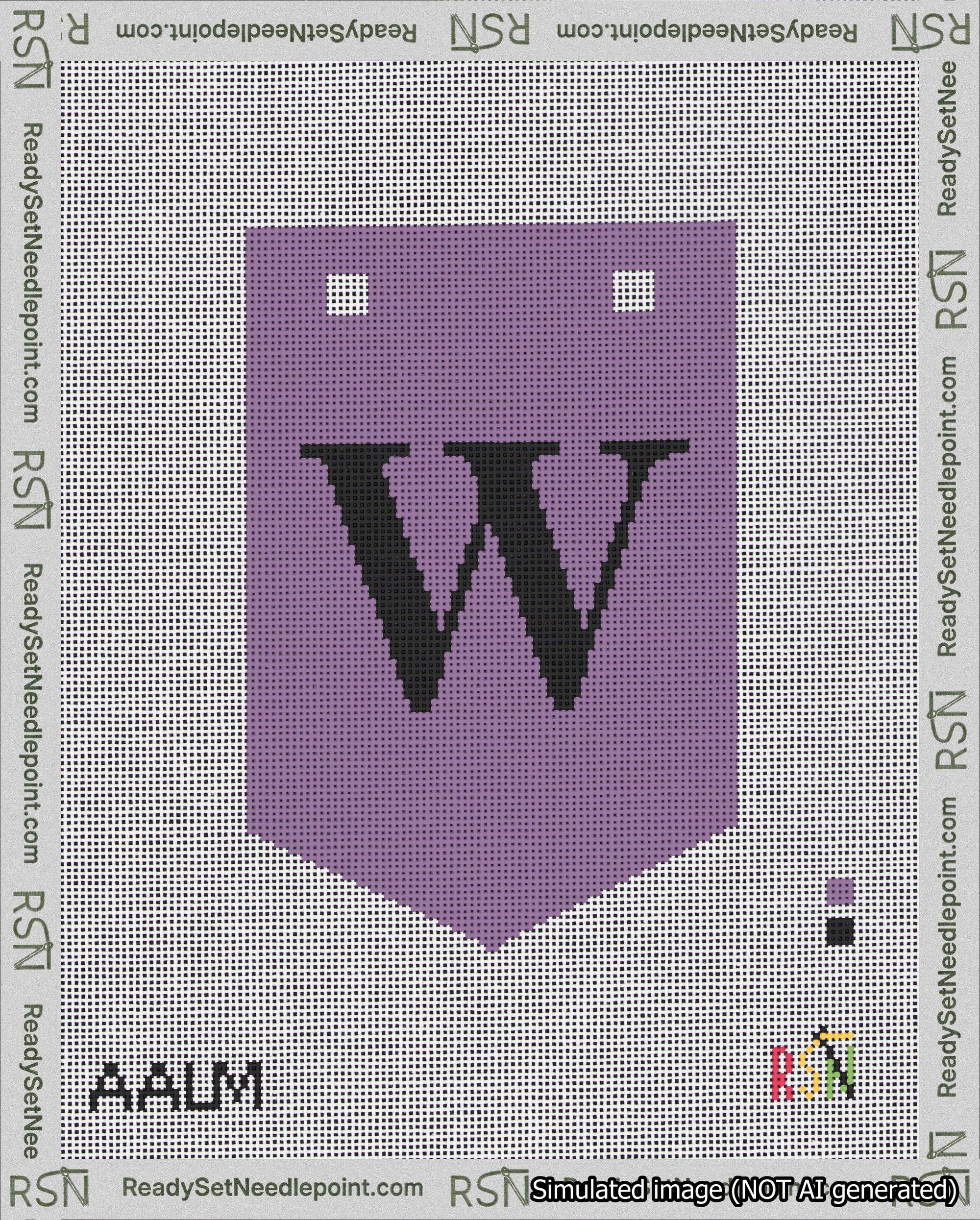 A taped needlepoint canvas with the design: Banner 18 mesh count Pointed W Black on Purple.
