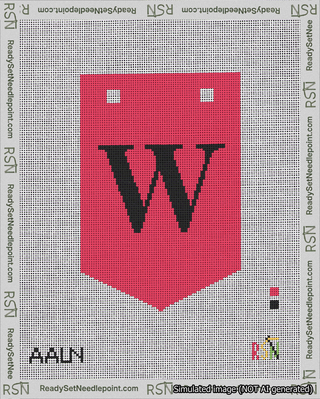 A taped needlepoint canvas with the design: Banner 18 mesh count Pointed W Black on Red.
