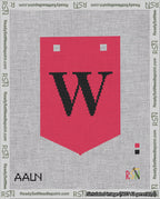 A taped needlepoint canvas with the design: Banner 18 mesh count Pointed W Black on Red.