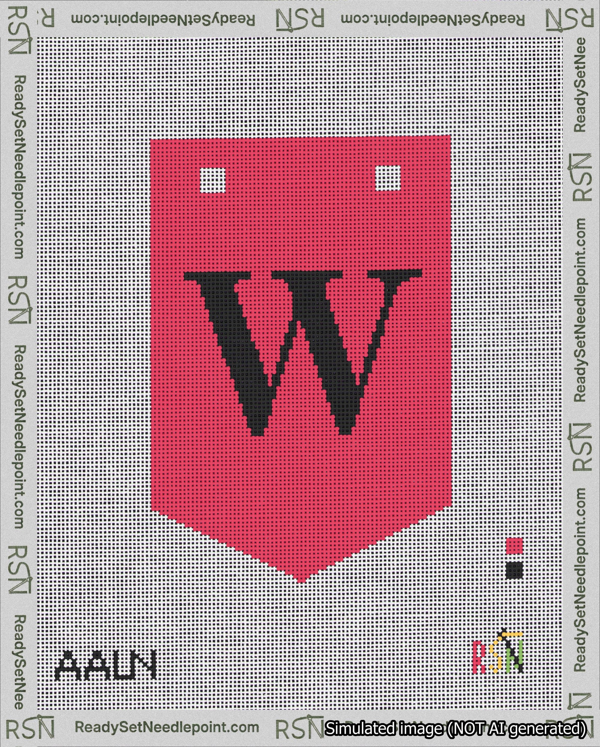 A taped needlepoint canvas with the design: Banner 18 mesh count Pointed W Black on Red.