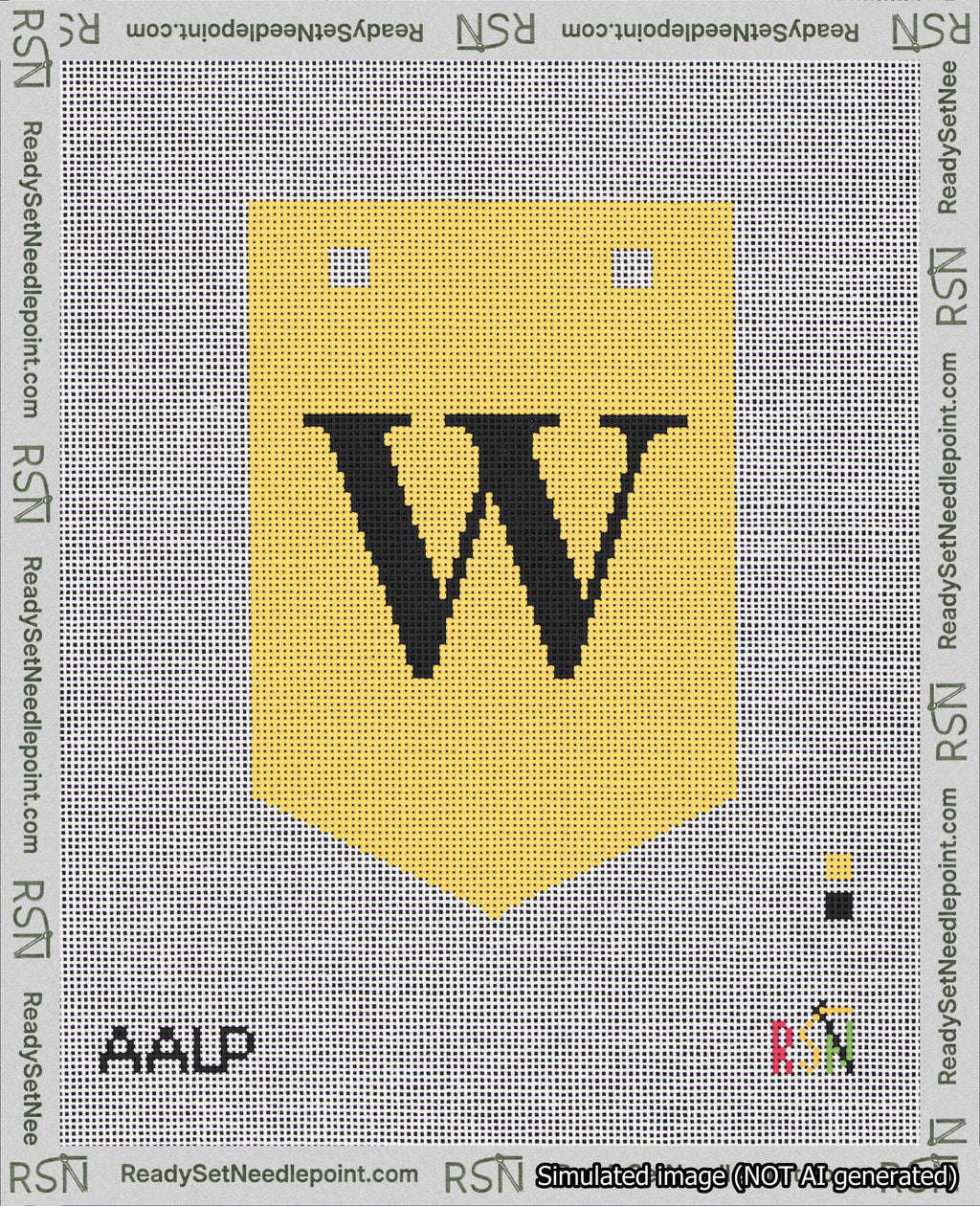 A taped needlepoint canvas with the design: Banner 18 mesh count Pointed W Black on Yellow.