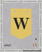 A taped needlepoint canvas with the design: Banner 18 mesh count Pointed W Black on Yellow.