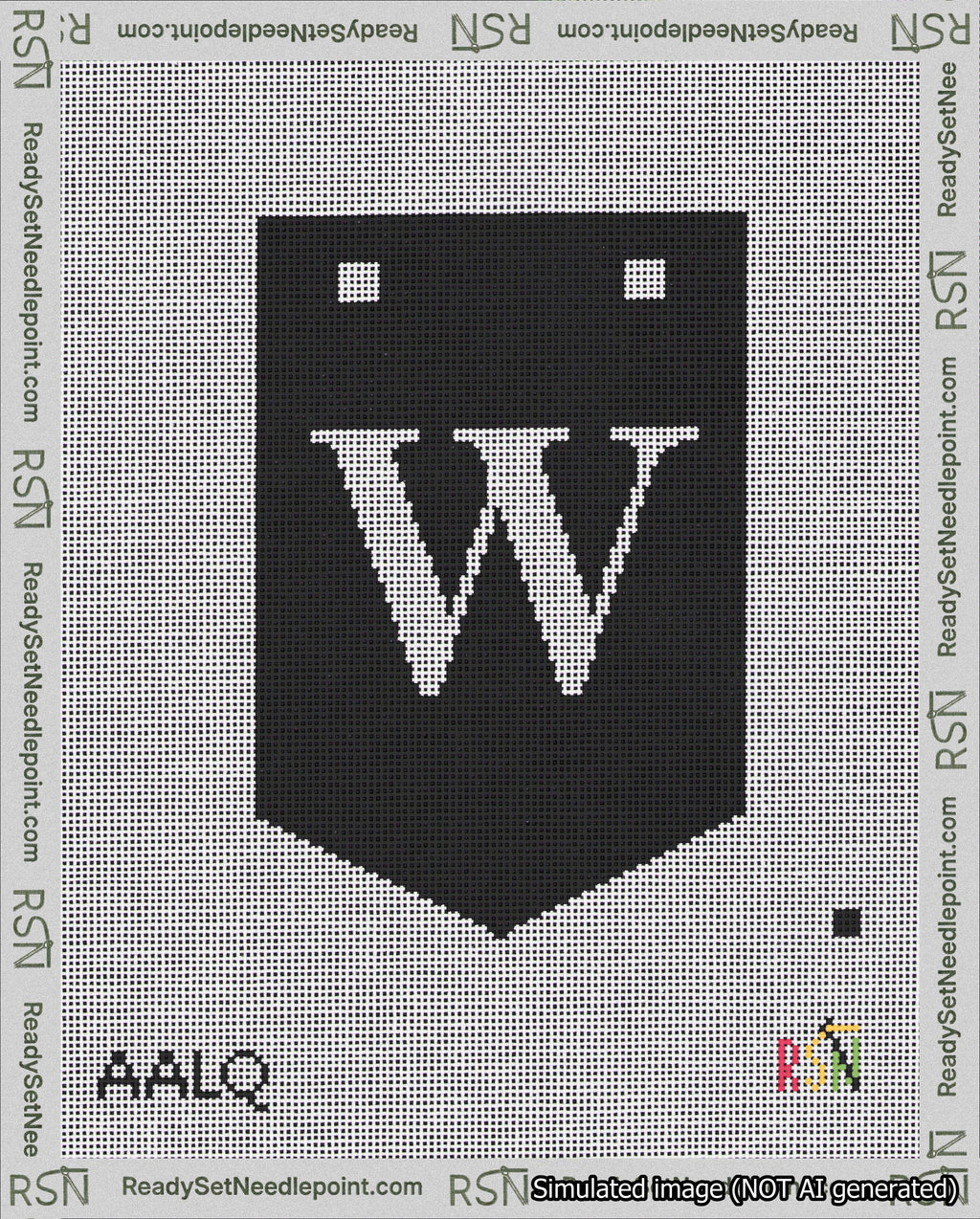 A taped needlepoint canvas with the design: Banner 18 mesh count Pointed W White on Black.