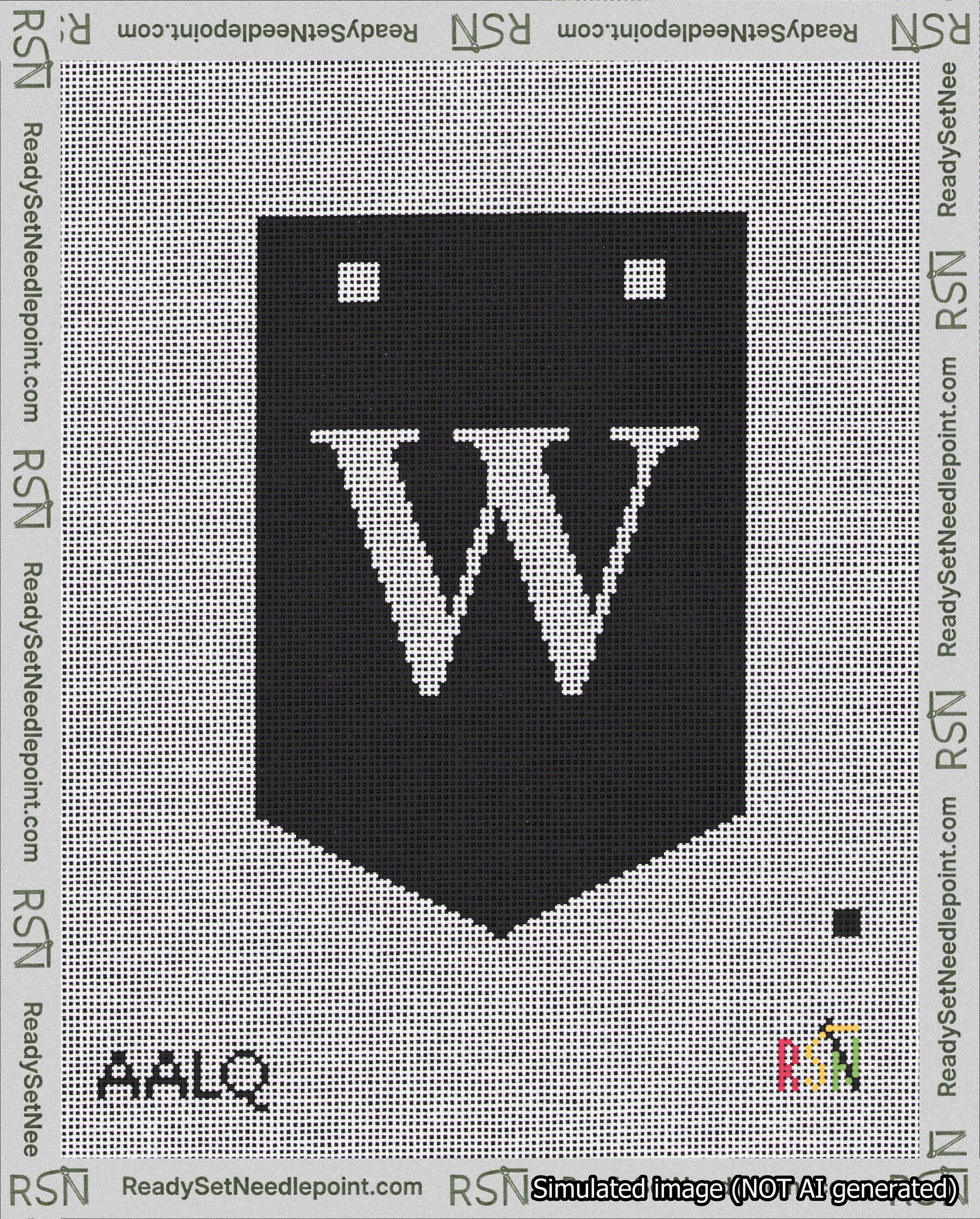 A taped needlepoint canvas with the design: Banner 18 mesh count Pointed W White on Black.