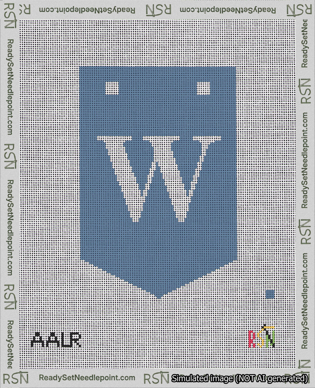 A taped needlepoint canvas with the design: Banner 18 mesh count Pointed W White on Blue.