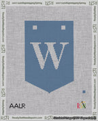 A taped needlepoint canvas with the design: Banner 18 mesh count Pointed W White on Blue.