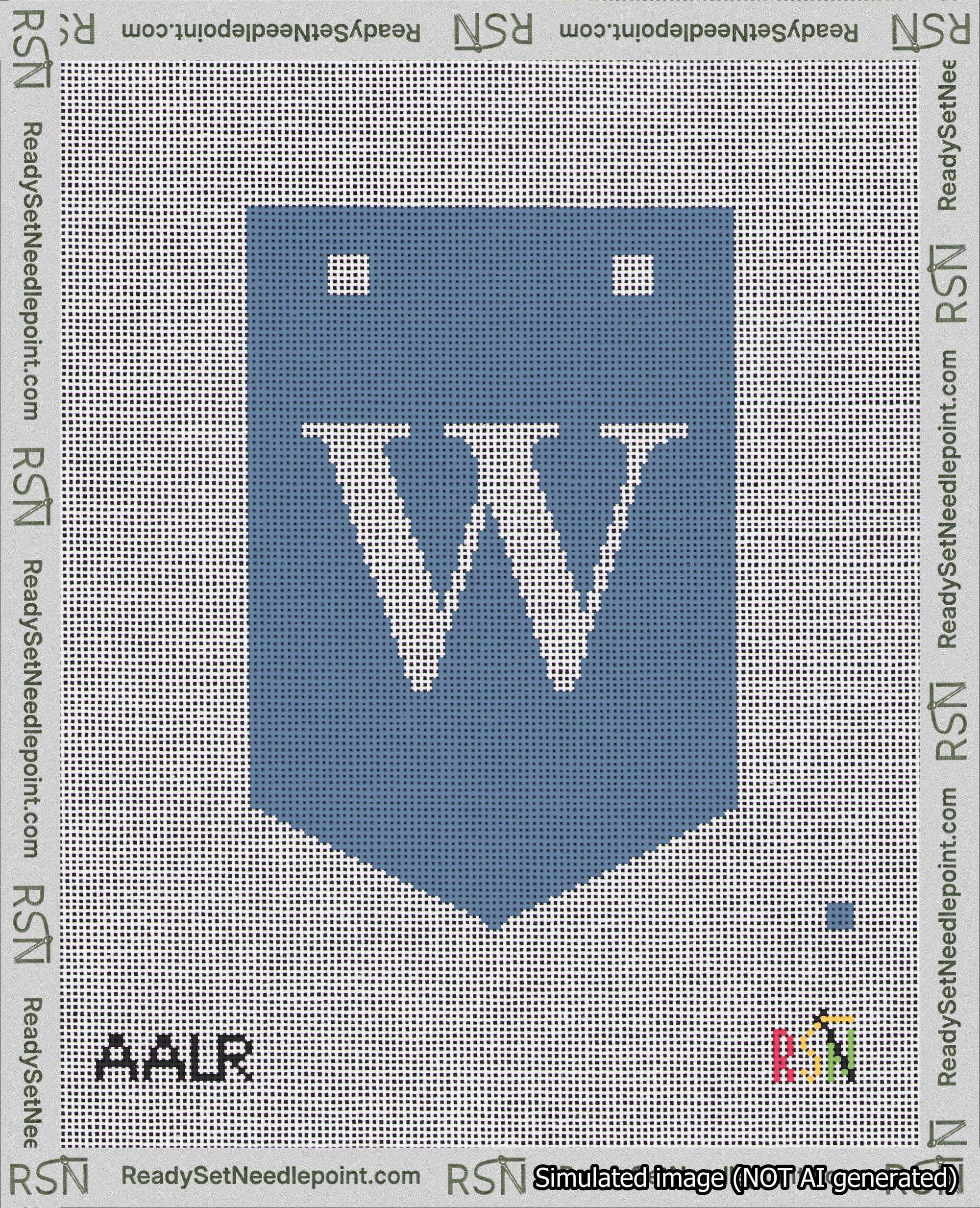A taped needlepoint canvas with the design: Banner 18 mesh count Pointed W White on Blue.