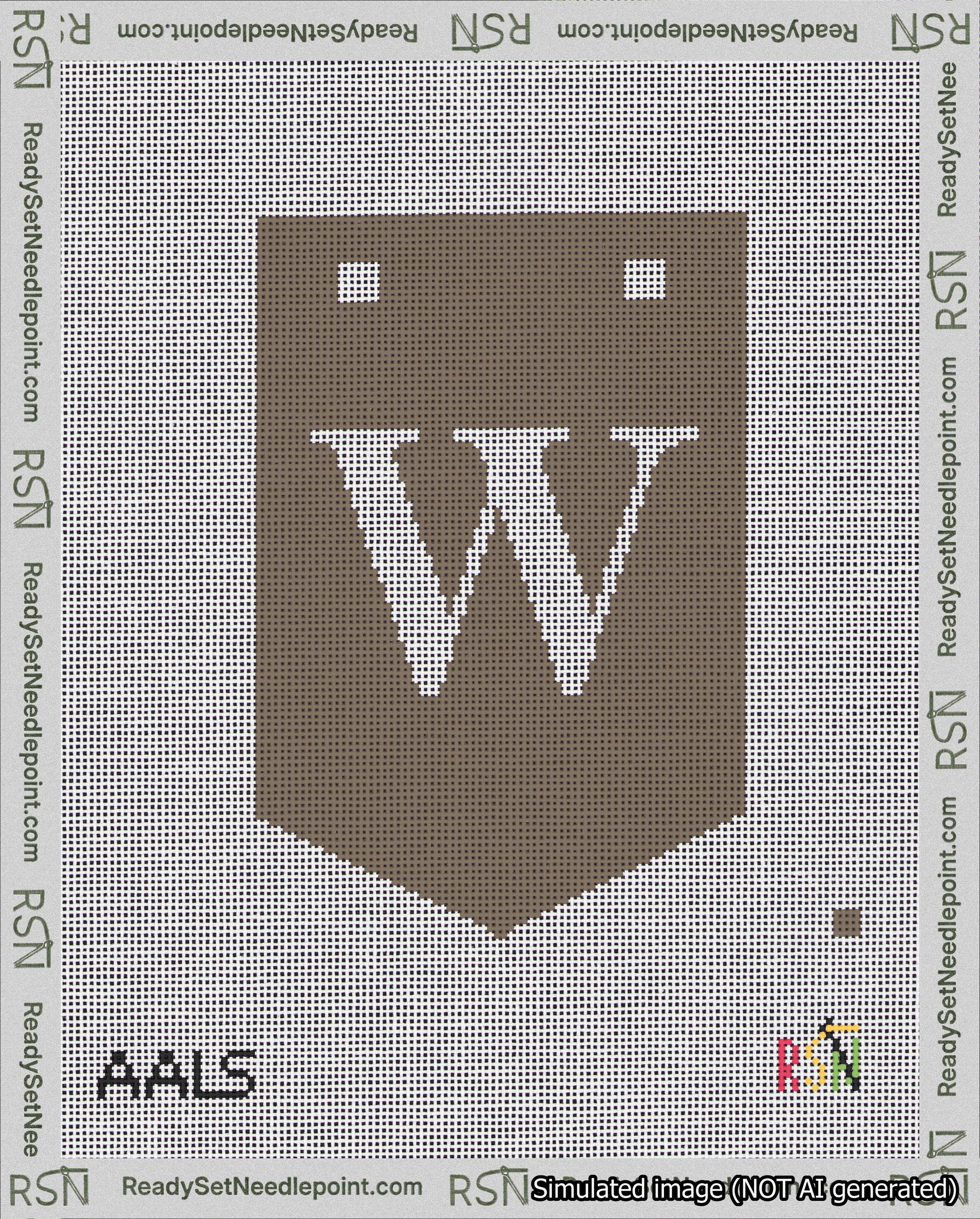 A taped needlepoint canvas with the design: Banner 18 mesh count Pointed W White on Brown.