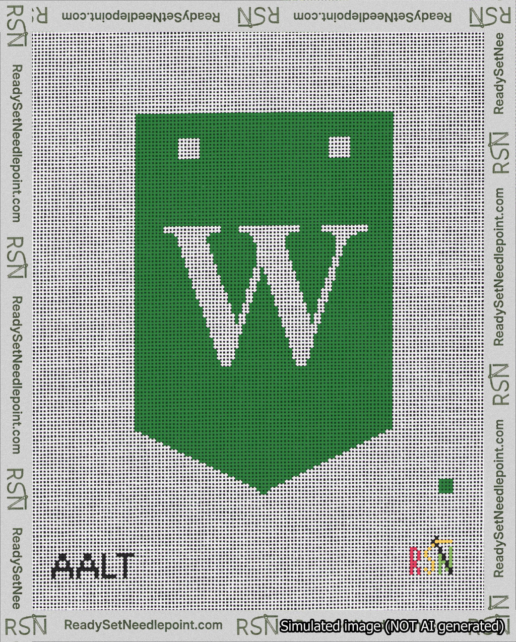 A taped needlepoint canvas with the design: Banner 18 mesh count Pointed W White on Green.