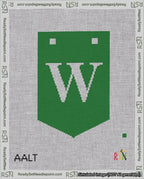 A taped needlepoint canvas with the design: Banner 18 mesh count Pointed W White on Green.