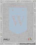 A taped needlepoint canvas with the design: Banner 18 mesh count Pointed W White on Light Blue.