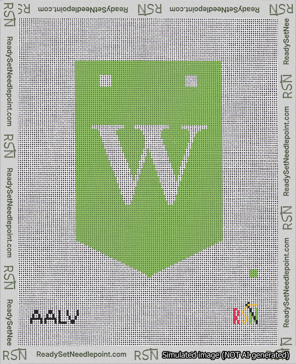 A taped needlepoint canvas with the design: Banner 18 mesh count Pointed W White on Light Green.