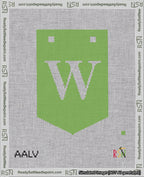A taped needlepoint canvas with the design: Banner 18 mesh count Pointed W White on Light Green.