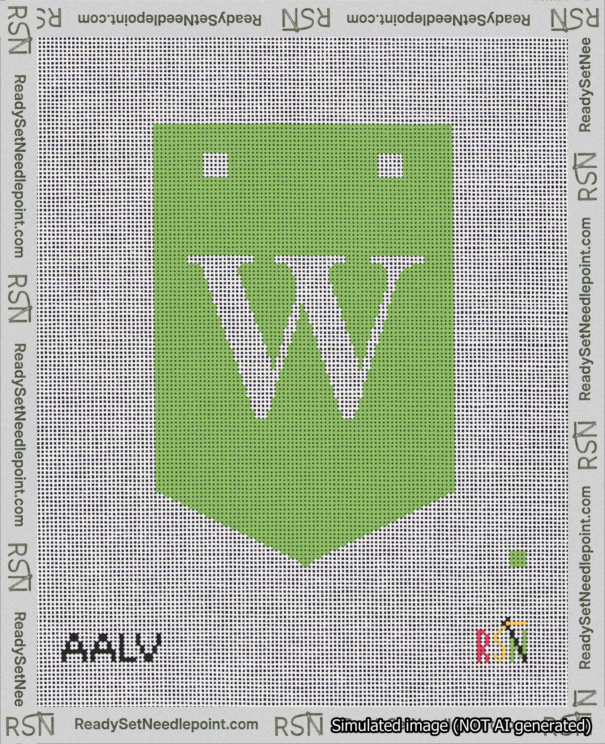 A taped needlepoint canvas with the design: Banner 18 mesh count Pointed W White on Light Green.