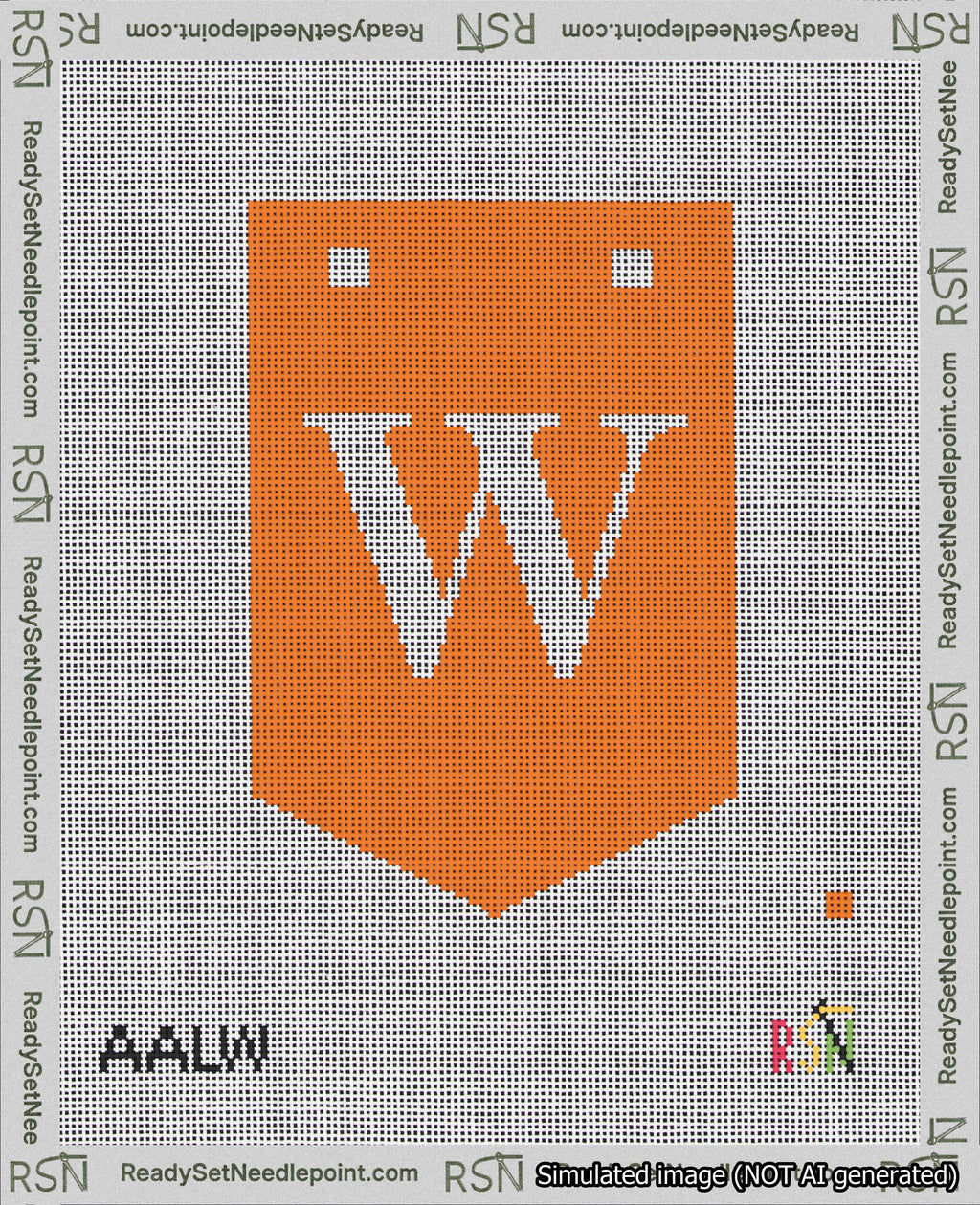 A taped needlepoint canvas with the design: Banner 18 mesh count Pointed W White on Orange.