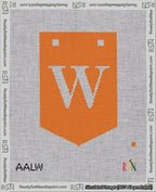A taped needlepoint canvas with the design: Banner 18 mesh count Pointed W White on Orange.