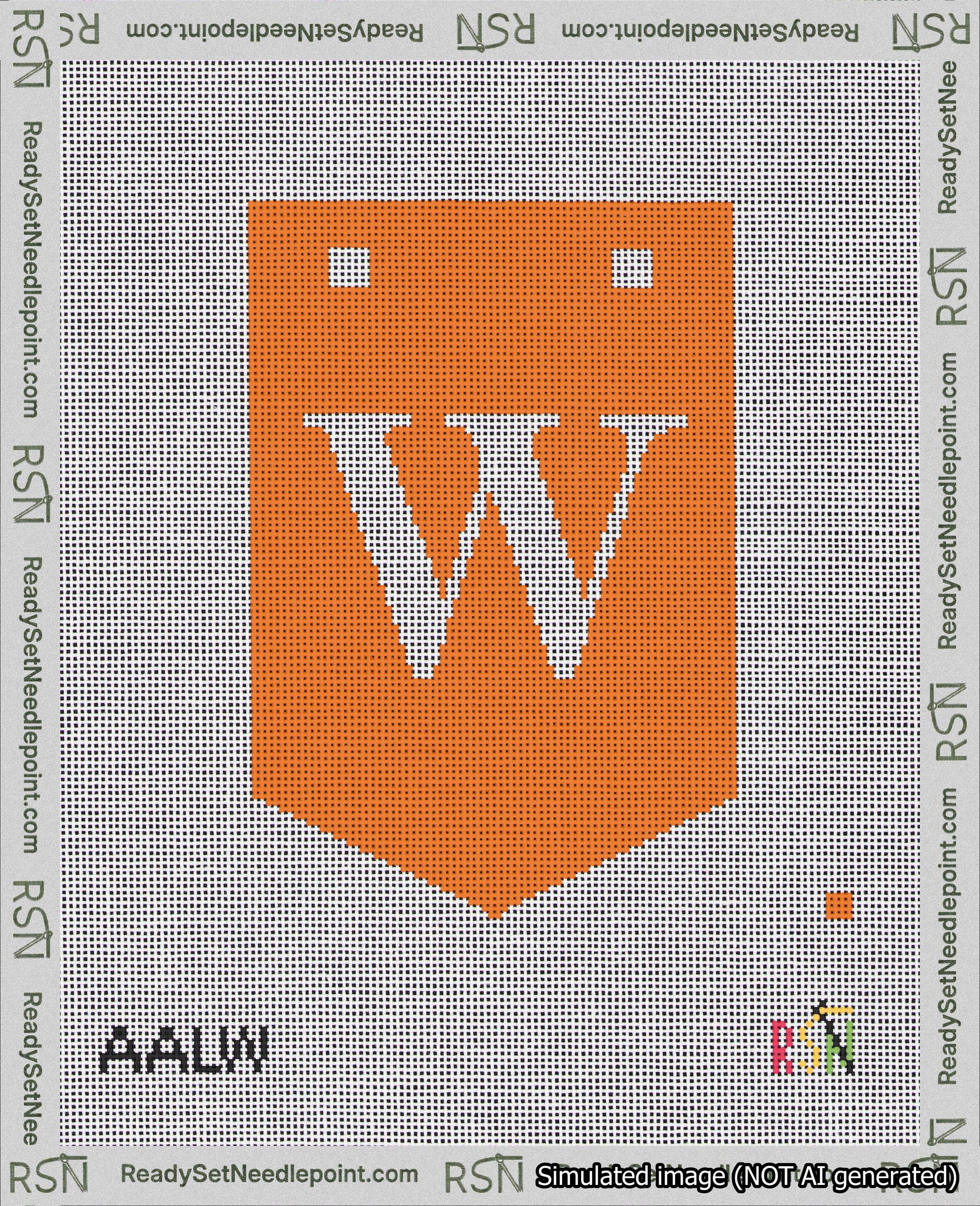 A taped needlepoint canvas with the design: Banner 18 mesh count Pointed W White on Orange.