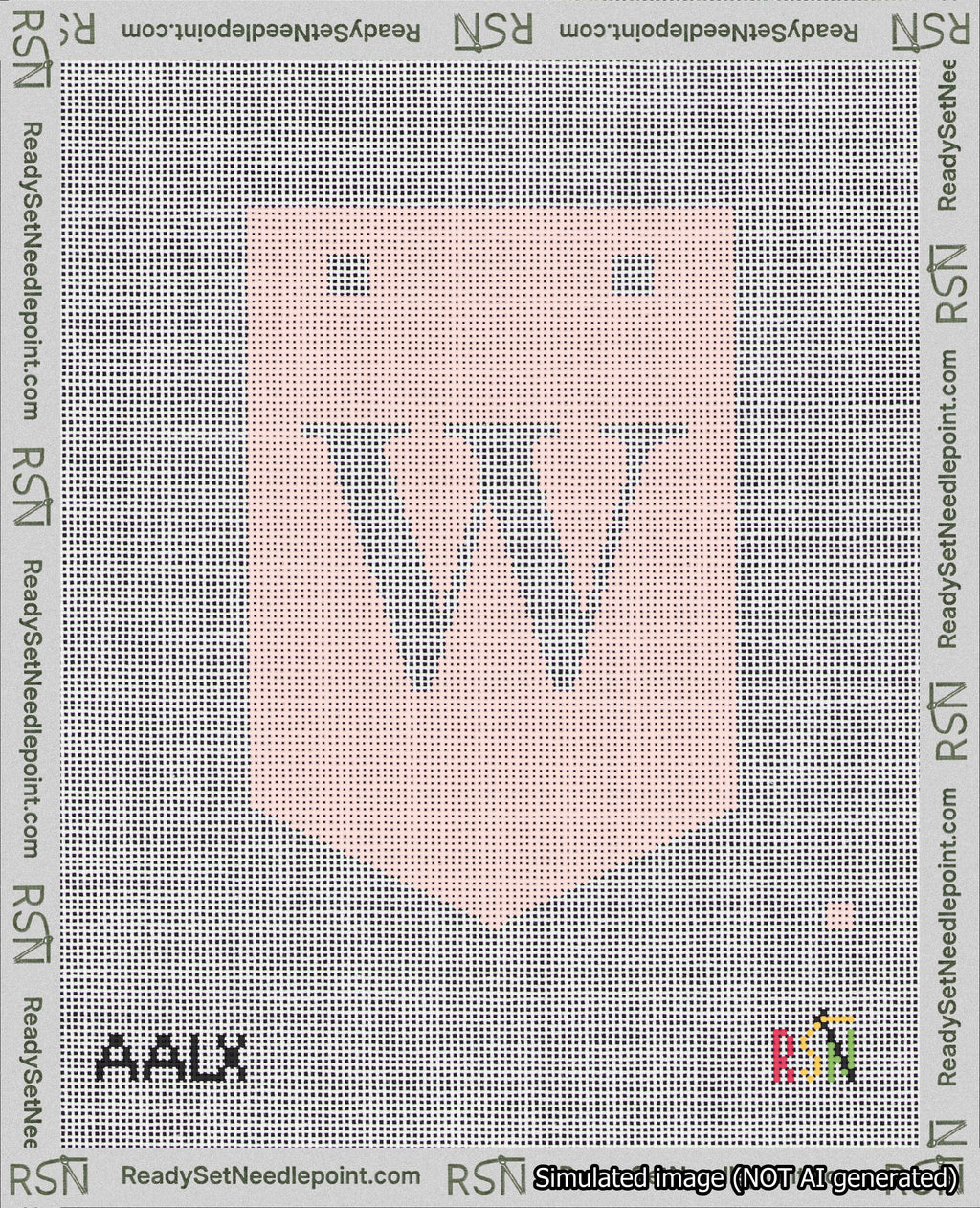 A taped needlepoint canvas with the design: Banner 18 mesh count Pointed W White on Pink.