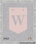 A taped needlepoint canvas with the design: Banner 18 mesh count Pointed W White on Pink.
