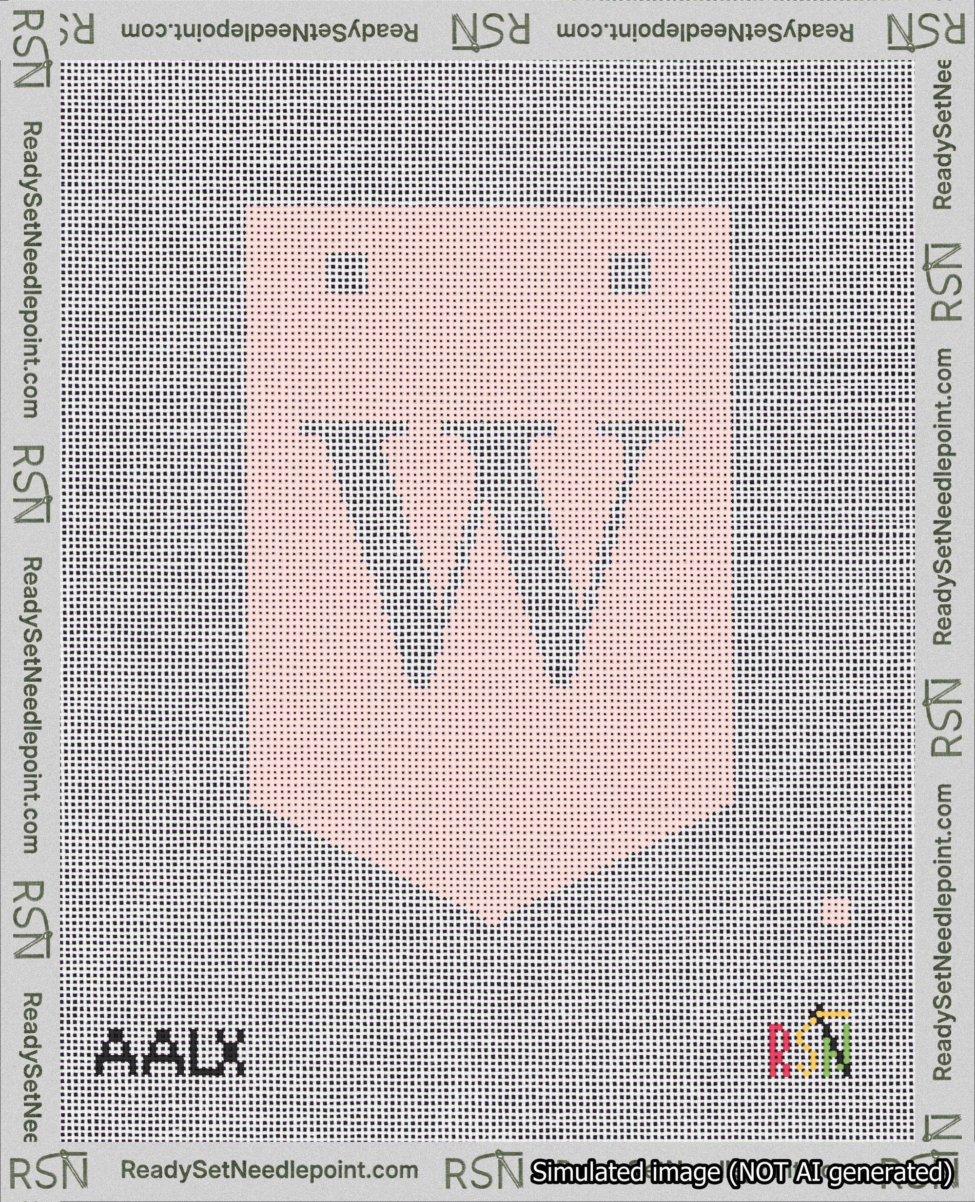 A taped needlepoint canvas with the design: Banner 18 mesh count Pointed W White on Pink.