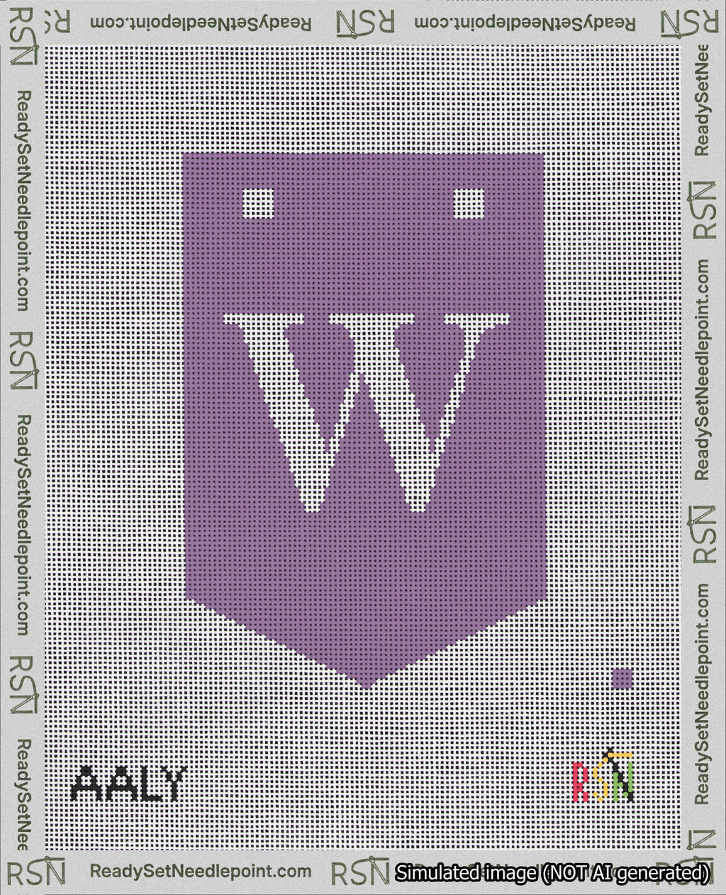 A taped needlepoint canvas with the design: Banner 18 mesh count Pointed W White on Purple.