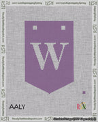 A taped needlepoint canvas with the design: Banner 18 mesh count Pointed W White on Purple.