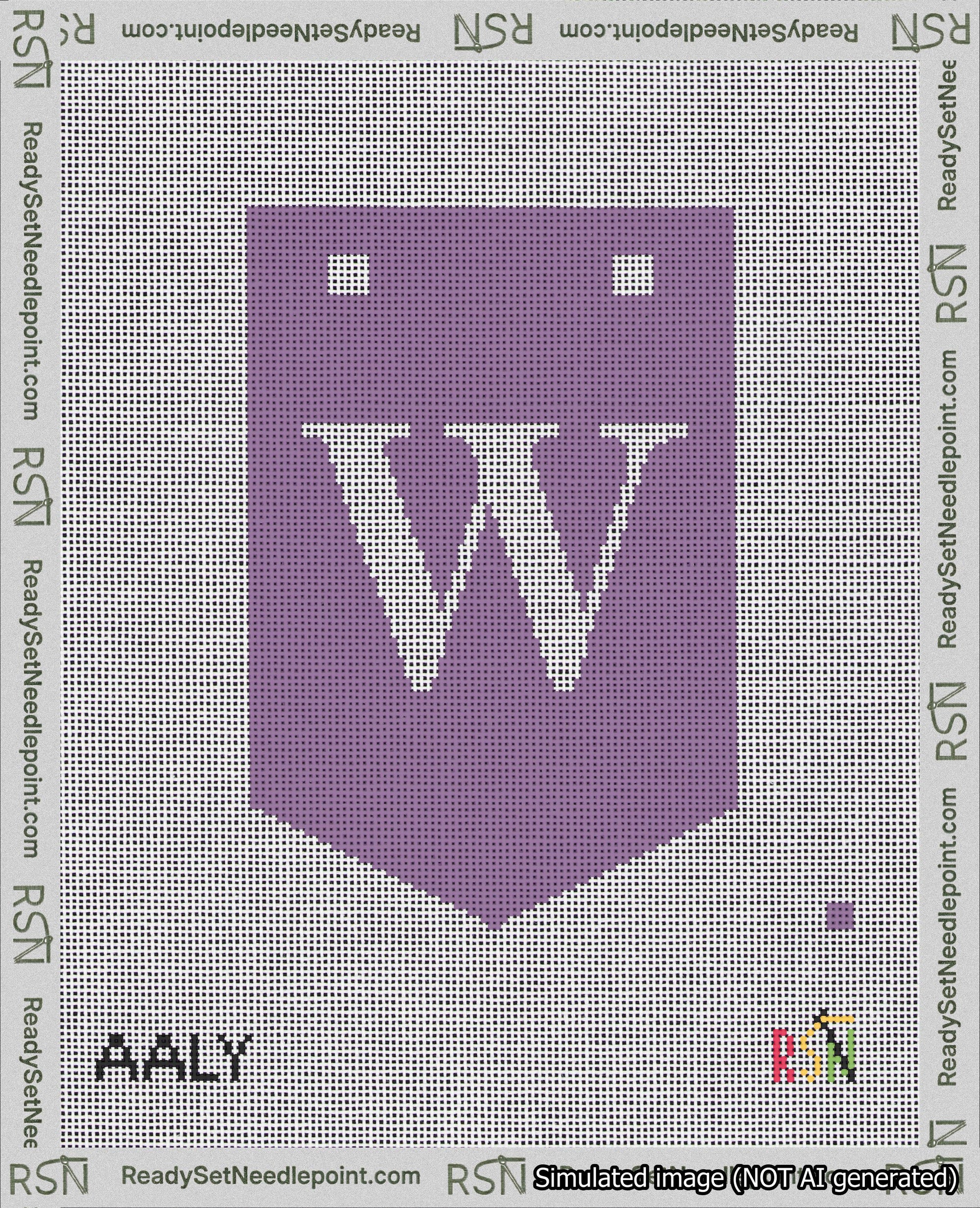 A taped needlepoint canvas with the design: Banner 18 mesh count Pointed W White on Purple.