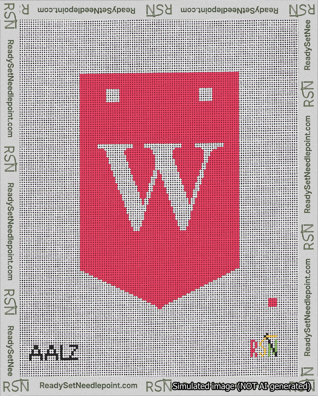 A taped needlepoint canvas with the design: Banner 18 mesh count Pointed W White on Red.